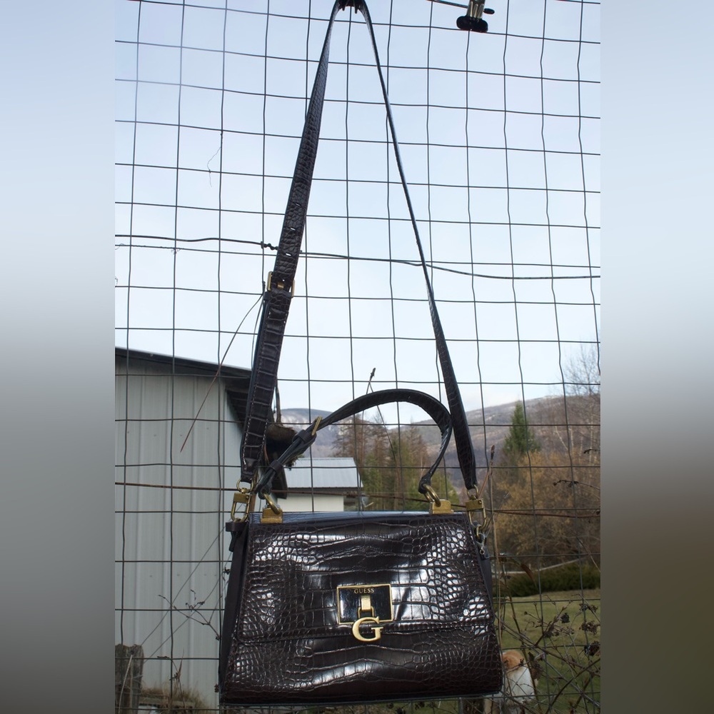 Guess Brown/Black Croc-Embossed Crossbody Bag with Gold Hardware - Picture 8 of 11